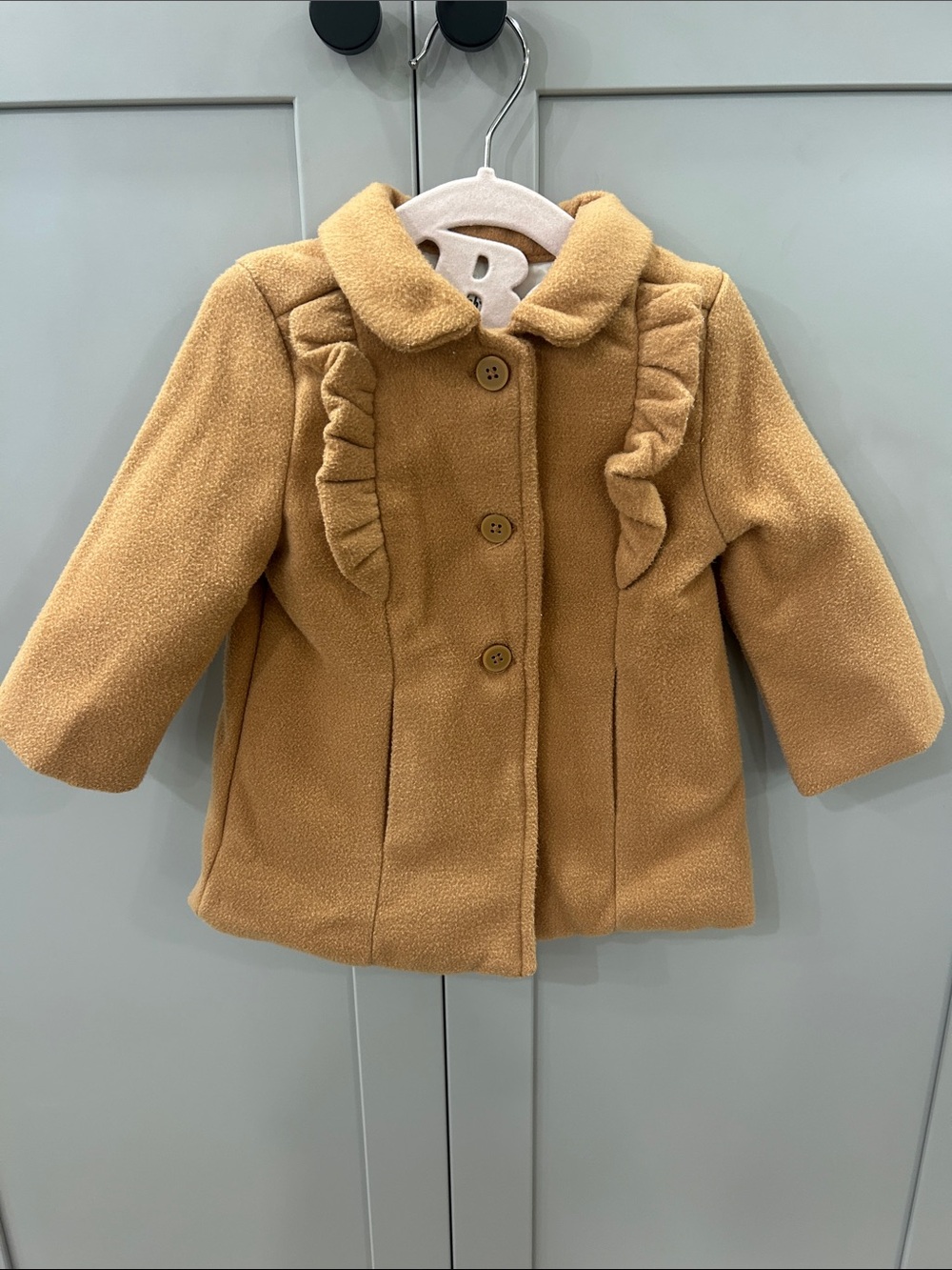 Baby B’gosh 9M Tan Camel Wool Blend Look Ruffle Pea Coat Jacket Button Front